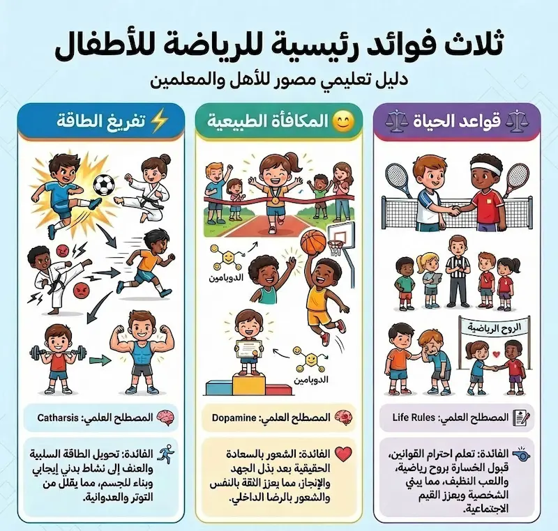 إنفوجرافيك يوضح الفوائد التربوية لكرة القدم: تفريغ الطاقة، الدوبامين الطبيعي، وقواعد الحياة