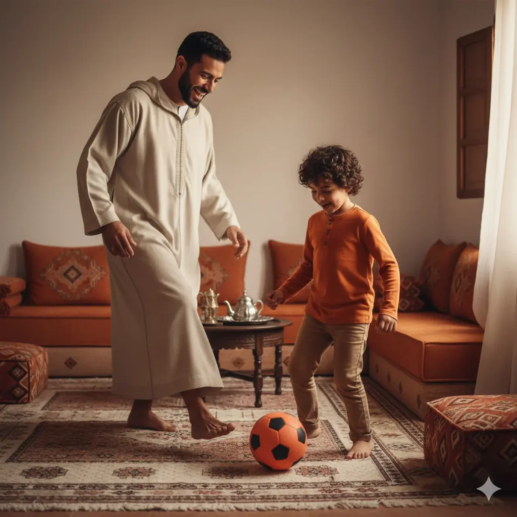 أب مغربي بجلابة يلعب كرة القدم مع ابنه الصغير داخل صالون مغربي تقليدي لتعزيز التواصل