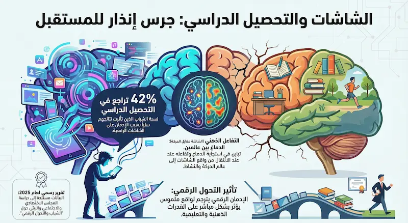 إنفوجرافيك يوضح تأثير الشاشات على التحصيل الدراسي في المغرب ونسبة 42% تراجع حسب تقرير المجلس الاقتصادي 2025.