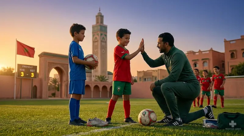 مدرب يعلم طفلاً مغربياً الانضباط والروح الرياضية لتوضيح دور كرة القدم في تعديل سلوك الطفل المغربي - منصة تربية فوت.