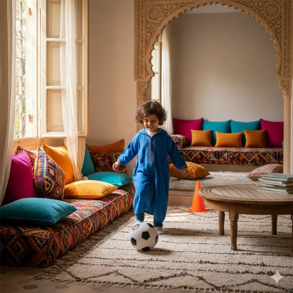 تمارين كرة القدم للأطفال في البيت - طفل يتدرب في صالون مغربي