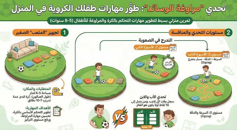 تمرين مراوغة الوسائد لتطوير مهارات كرة القدم للأطفال في البيت.