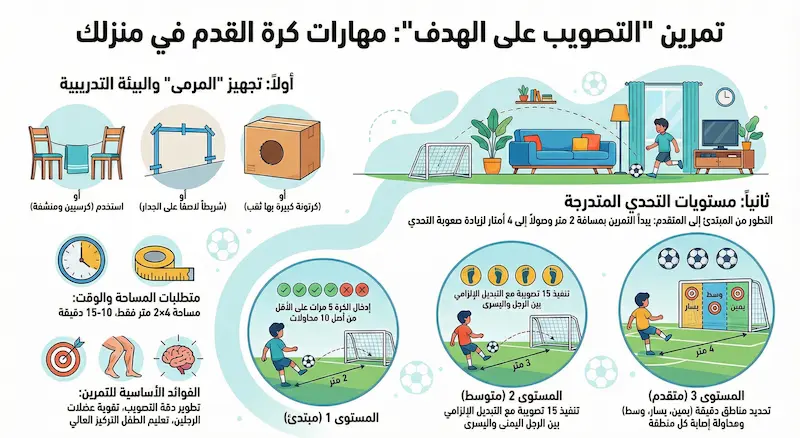 دليل تمرين التصويب على الهدف في المنزل للأطفال، يوضح كيفية تجهيز المرمى باستخدام كرتونة أو كراسي، ومستويات التحدي من المبتدئ إلى المتقدم.