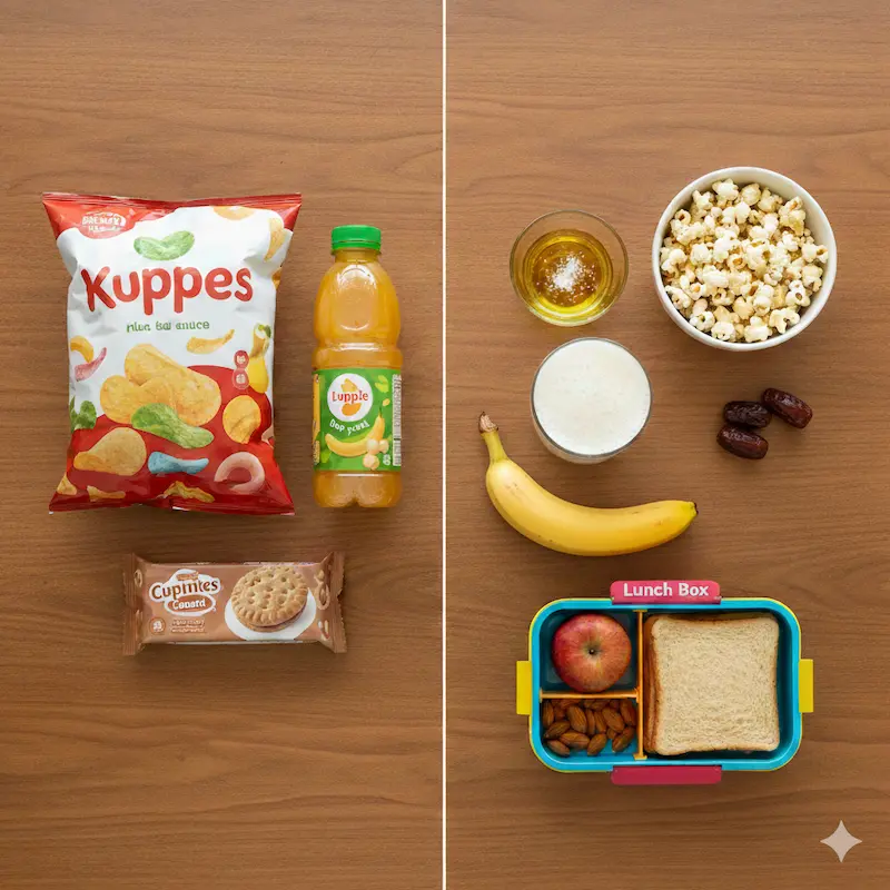 مقارنة بصرية بين السقاطة (شيبس وعصائر اصطناعية) والبدائل الصحية المغربية (قلييا، لبن، فواكه جافة، ولانش بوكس متوازن).