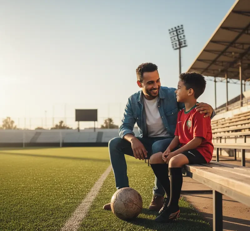 أب مغربي يقدم نصيحة كروية لابنه في ختام دليل أكاديميات كرة القدم 2026.