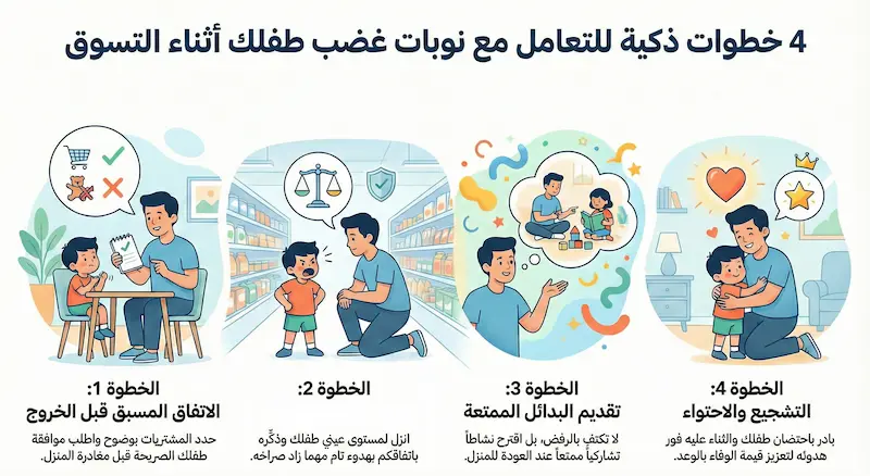 إنفوجرافيك يشرح 4 خطوات عملية للتعامل مع بكاء الأطفال أمام الحانوت في المغرب بطريقة تربوية هادئة.