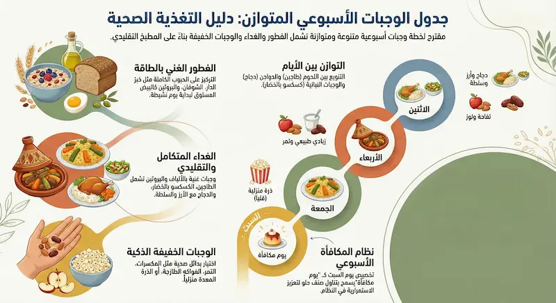 إنفوجرافيك لجدول وجبات أسبوعي متوازن للأطفال يعتمد على المطبخ المغربي التقليدي (طاجين، كسكس، زيت زيتون).