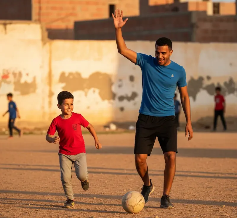 أب مغربي يشجع ابنه أثناء لعب كرة القدم في ملعب شعبي - قصة نجاح الطفل ياسين في تبني نمط حياة صحي.
