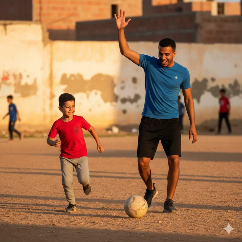 أب مغربي يشجع ابنه أثناء لعب كرة القدم في ملعب شعبي - قصة نجاح الطفل ياسين في تبني نمط حياة صحي.