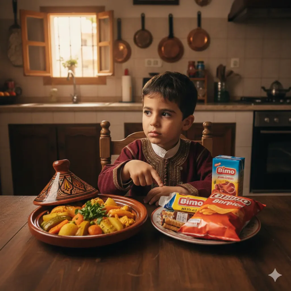 طفل مغربي محتار يختار بين طاجين الخضر الصحي وسقاطة الحانوت (بيمو وشيبس) - أزمة التغذية عند الأطفال في المغرب.