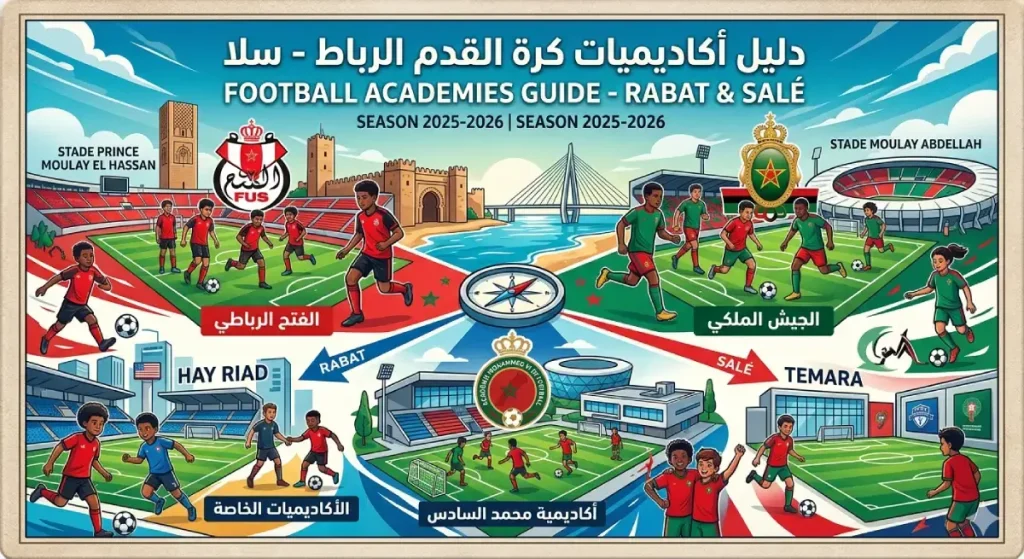 إنفوجرافيك يوضح خريطة أكاديميات كرة القدم في الرباط وسلا لعام 2026 — دليل تربية فوت الميداني.