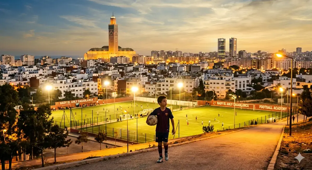 طفل مغربي في كازا يحمل كرة قدم ويتجه نحو الملعب — رؤية منصة تربية فوت لمستقبل أبطال كرة القدم.