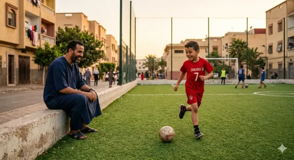 أب مغربي يراقب ابنه يتدرب بمهارة في مدرسة كرة القدم للأطفال بالمغرب.