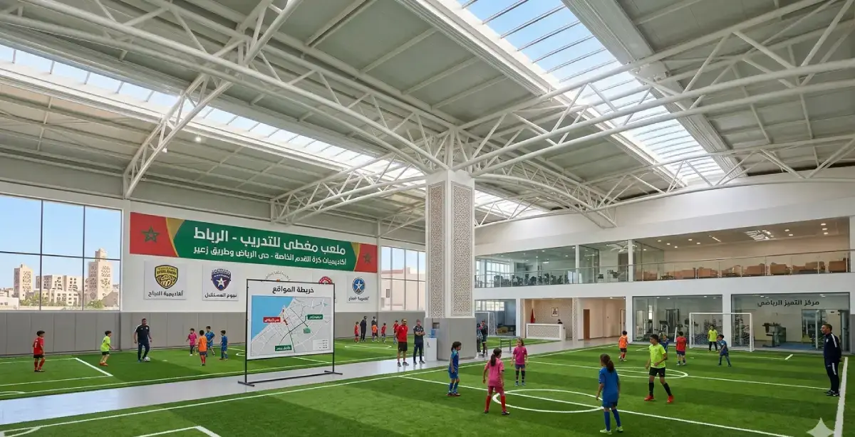 ملعب مغطى لكرة القدم في حي الرياض الرباط — تدريبات الأكاديميات الخاصة للأطفال.