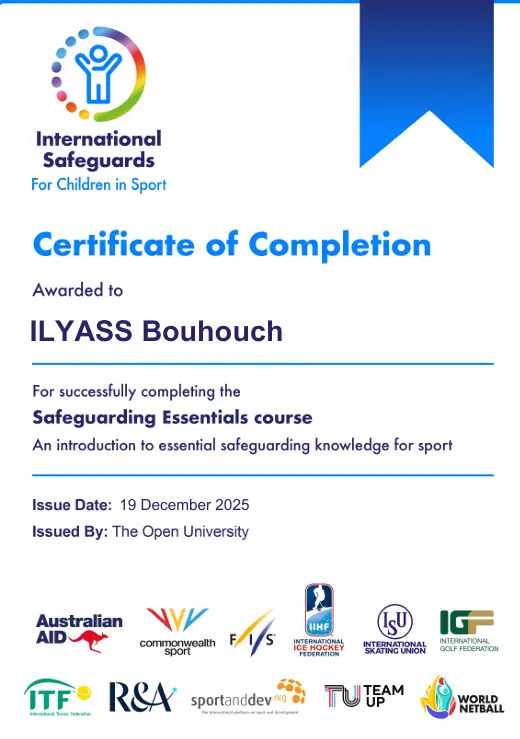 شهادة Safeguarding Essentials الممنوحة لإلياس بوحوش من جامعة أوبن وبالتعاون مع الفيفا — دليل تربية فوت 2026.