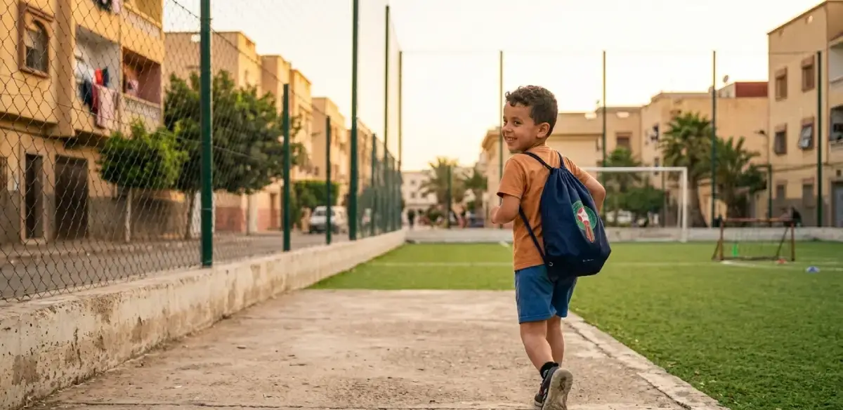 طفل مغربي يذهب بسعادة إلى مدرسة كرة القدم حاملاً حقيبته الرياضية.