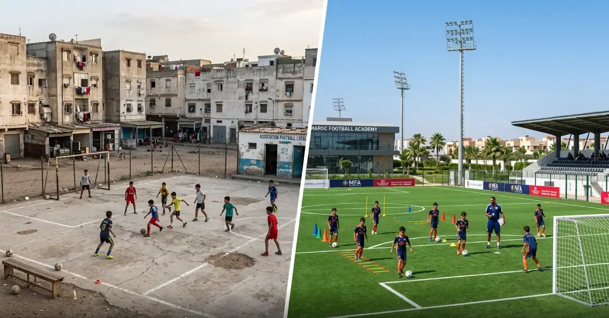 مقارنة بين ملعب أكاديمية محلية في عين السبع وأكاديمية دولية في دار بوعزة بالدار البيضاء.