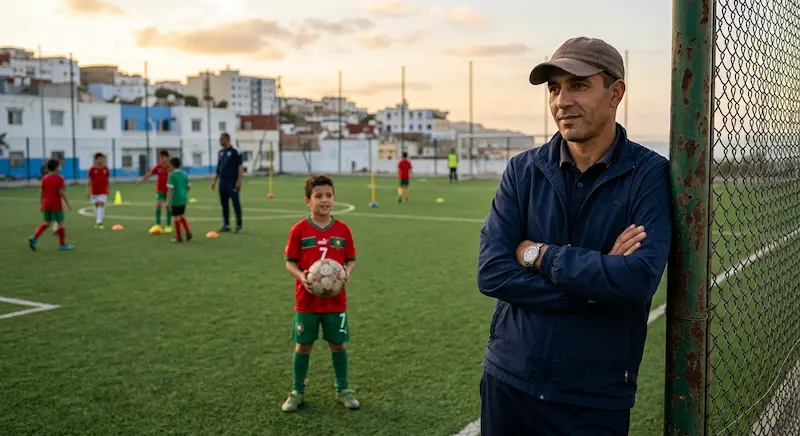 أب مغربي يراقب تدريب ابنه على كرة القدم من جانب الملعب — قاعدة الـ 10 دقائق.