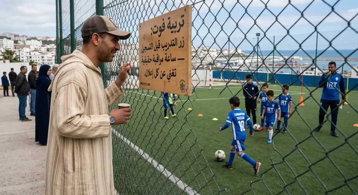 أب يراقب تدريب ابنه على كرة القدم في طنجة.