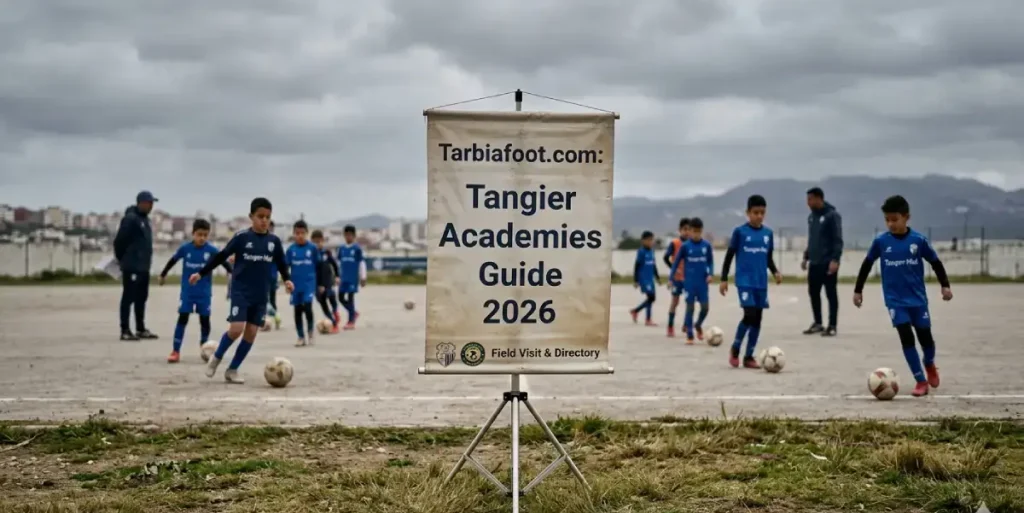 مدرسة كرة القدم في طنجة 2026 — دليل ميداني من قلب الزياتنTitleأفضل مدارس كرة القدم في طنجة 2026 — تربية فوتCaptionباب ملعب الزياتن حيث بدأت الرحلة — ما يُقال في الخارج ليس ما يحدث في الداخلDescriptionصورة ميدانية من زيارة تربية فوت لمدارس كرة القدم في طنجة 2026، تغطي مدرسة اتحاد طنجة IRT بالزياتن، هلال إندور، وأوكسيجين فوت — دليل مستقل للآباء بأسعار وتفاصيل حقيقية.
