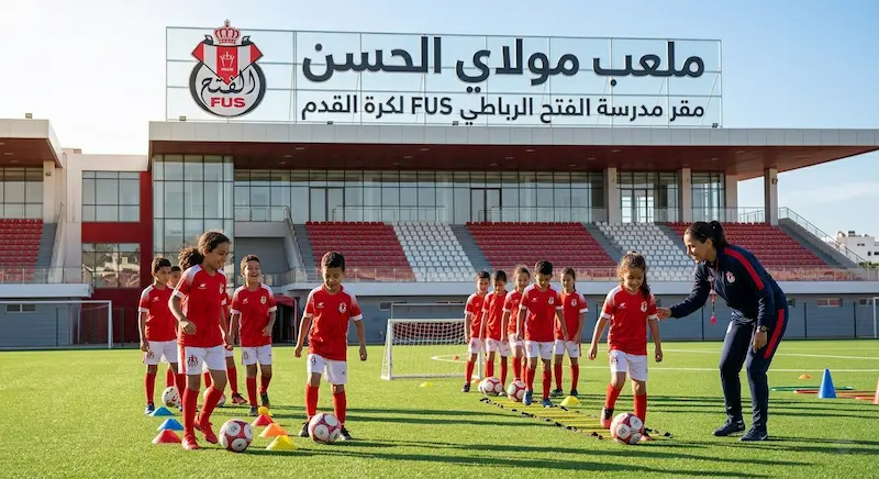 تدريب الأطفال في مدرسة كرة القدم نادي الفتح الرباطي FUS بملعب مولاي الحسن.