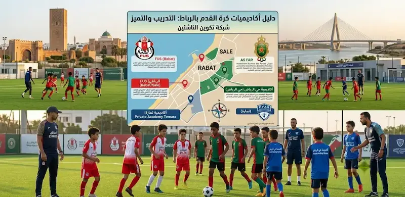 انفوجرافيك دليل أكاديميات كرة القدم في الرباط وسلا وتمارة لتكوين الأطفال والناشئين.