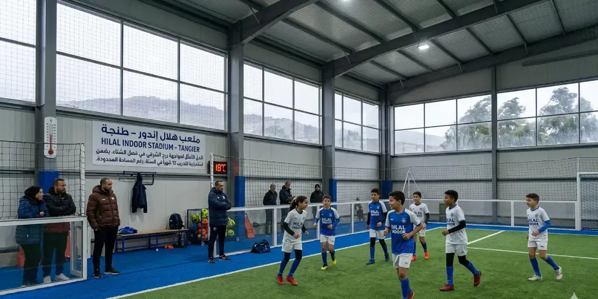 ملعب هلال إندور طنجة المغطى — حصص تدريبية للأطفال داخل القاعة بعيداً عن ريح الشرقي 2026.