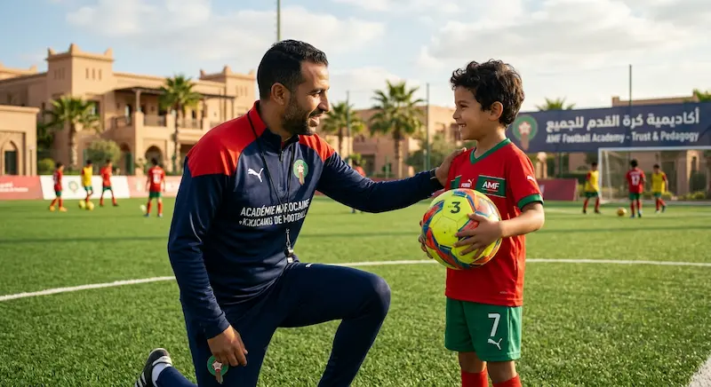 مدرب كرة قدم يشرح لطفل بهدوء في ملعب مغربي — علامات المدرب الجيد.