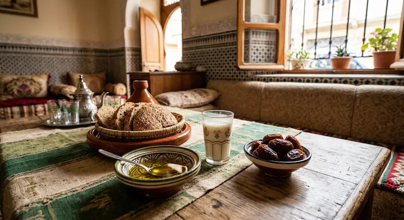وجبة فطور مغربية صحية (تمر، زيت زيتون، خبز كامل) مثالية للاعب ناشئ قبل التدريب - تربية فوت.