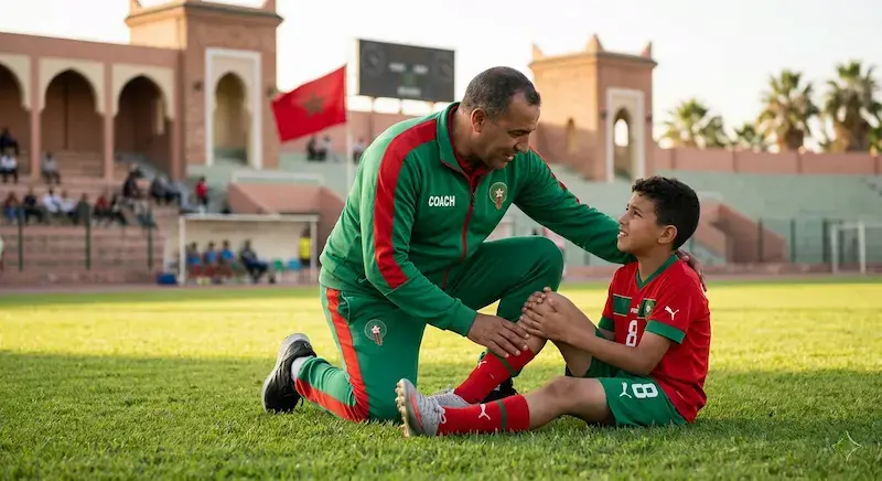 مدرب مغربي يدعم طفلاً مصاباً في ركبته على أرضية الملعب، لتوضيح كيفية التعامل الصحيح مع إصابات الناشئين في كرة القدم.