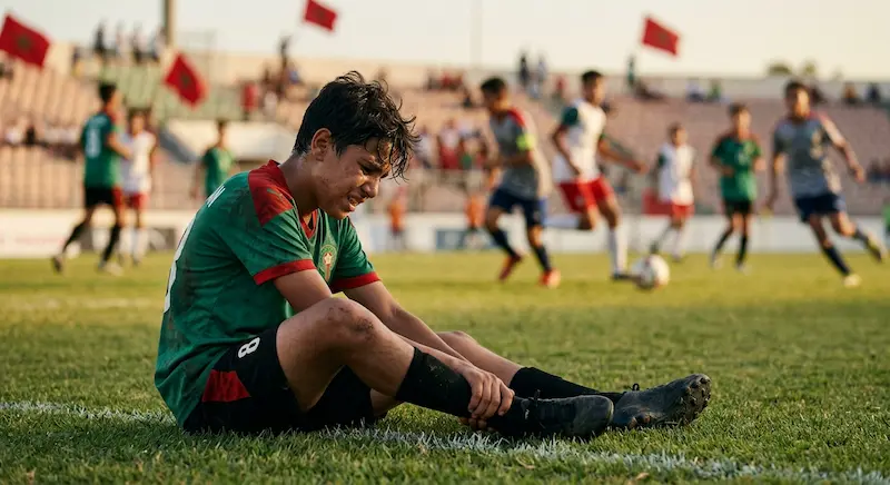لاعب كرة قدم ناشئ مغربي (بالزي الأخضر رقم 8) يمسك كاحله الأيسر المصاب بتعبير مؤلم على أرضية الملعب، لتوضيح كيفية تمييز إصابات الملاعب الحادة.