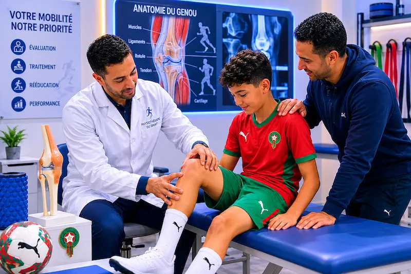 أخصائي علاج طبيعي يفحص ركبة لاعب كرة قدم ناشئ (بالزي المغربي الأحمر والأخضر) بجانب والده، لتوضيح طرق علاج إصابات الناشئين في كرة القدم.
