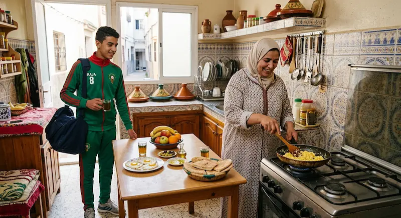 أم مغربية تحضر فطوراً صحياً (بيض وفواكه) لابنها الناشئ قبل تدريب كرة القدم - تربية فوت.