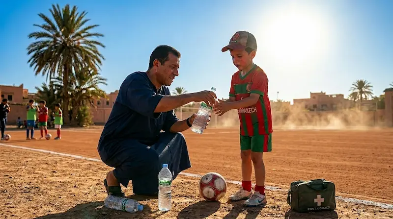 أب يعطي لولده الناشئ ماءً بارداً في ملعب مراكش — الترطيب ضروري في أجواء مراكش الحارة أثناء تدريب كرة القدم.