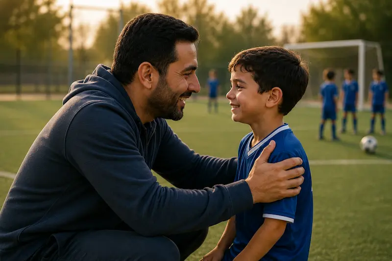 أب مغربي يعانق ولده ويشجعه بعد خسارة في الملعب — الدعم العاطفي الصحيح يحمي شغف الطفل بكرة القدم.