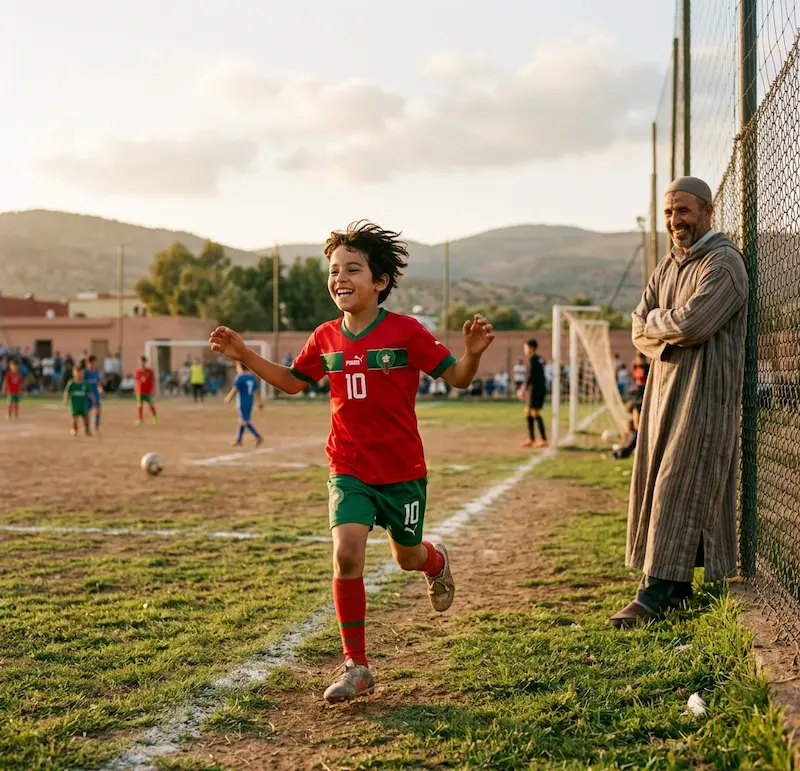 لاعب كرة قدم ناشئ يركض بثقة وفرح في ملعب مغربي بعد الشفاء من الإصابة، ووالده يراقبه بابتسامة فخر من جانب الملعب تعبيراً عن التعافي الآمن.