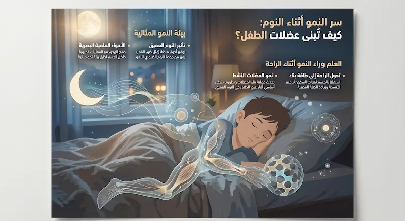 إنفوغرافيك توضيحي باللغة العربية يشرح كيفية بناء عضلات الطفل الرياضي وإفراز هرمون النمو أثناء النوم العميق.