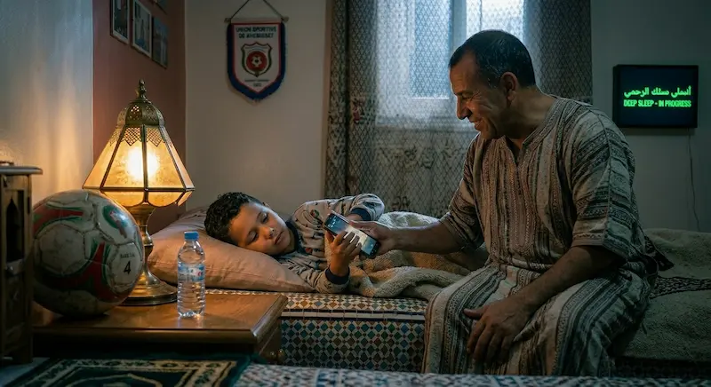 أب مغربي يبتسم ويأخذ الهاتف المحمول من ابنه الناشئ في السرير قبل النوم لحمايته من الضوء الأزرق — يوضح دور الأب والأم في تحسين نوم الأطفال الرياضيين.