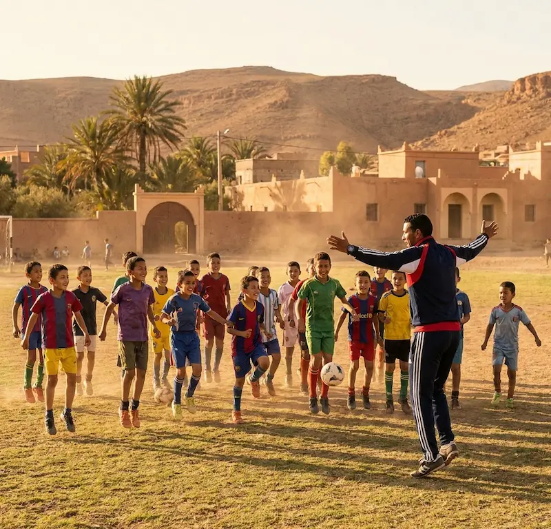أطفال ناشئون يبتسمون ويشاركون في إحماء ذكي وممتع بالكرة مع مدربهم في ملعب مغربي، كخطوة وقائية بيداغوجية لتجنب إصابات الملاعب.
