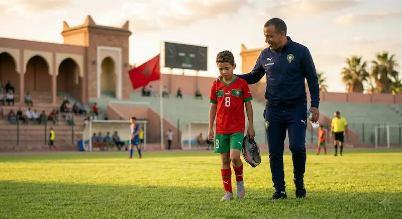 أب يدعم ابنه الحزين في ملعب كرة قدم مغربي — كيف تتعامل مع طفلك بعد الخسارة في الملعب.