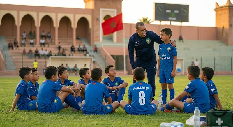 مدرب مربي بيداغوجي مغربي يجمع فريقه في ملعب مغربي بعد الخسارة، يجسد اختيار المدرب الأنسب لطفلك — تربية فوت.