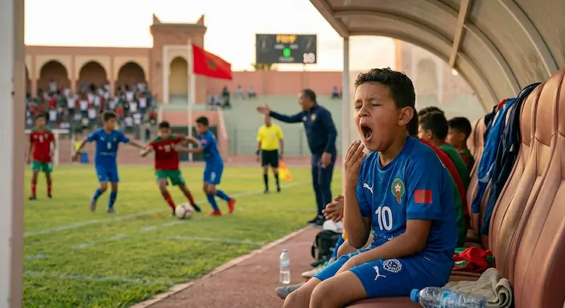 ناشئ رياضي مغربي يتثاءب على دكة البدلاء بسبب الإرهاق — يوضح أعراض قلة النوم عند الأطفال الرياضيين وتأثيرها على الأداء.