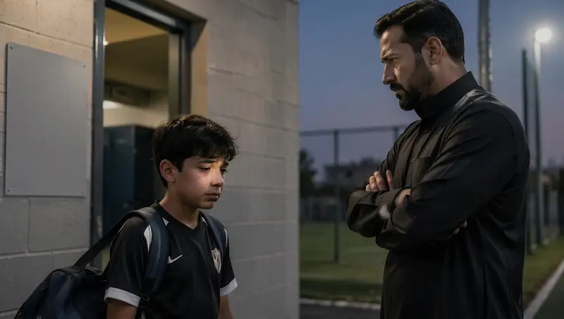 أب ينظر لولده بخيبة أمل بعد تدريب كرة القدم — هذا السلوك يزيد من بكاء الطفل ويضر بثقته في نفسه.