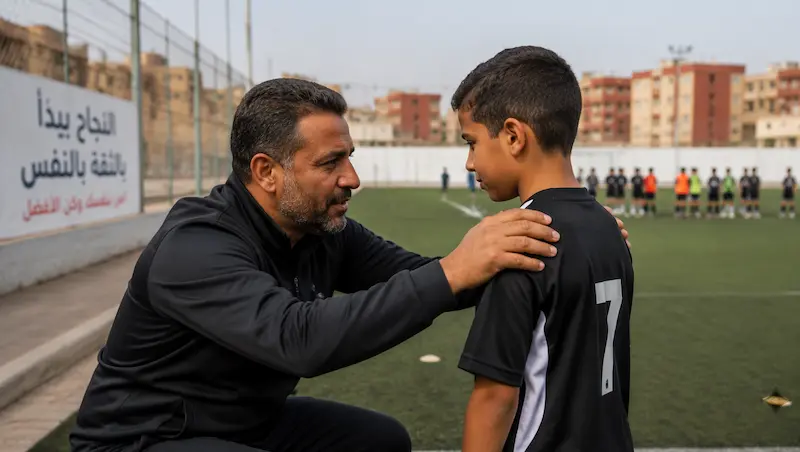 أب مغربي يشجع ابنه ويخفف عنه التوتر قبل دخول اختبارات انتقاء كرة القدم.