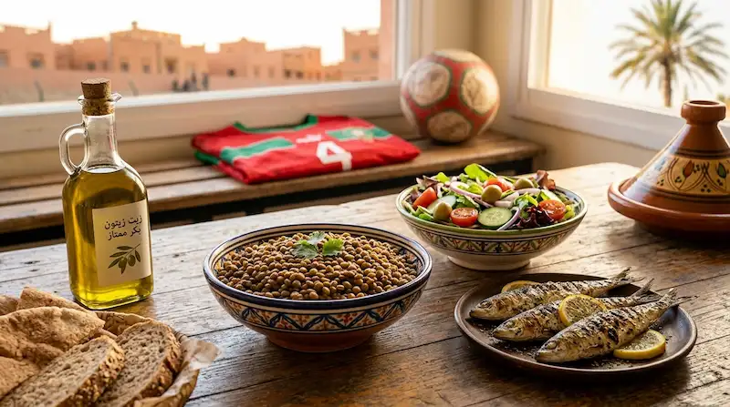 مكونات غذائية مغربية طبيعية تشمل القطاني والأسماك وزيت الزيتون لطفل رياضي.