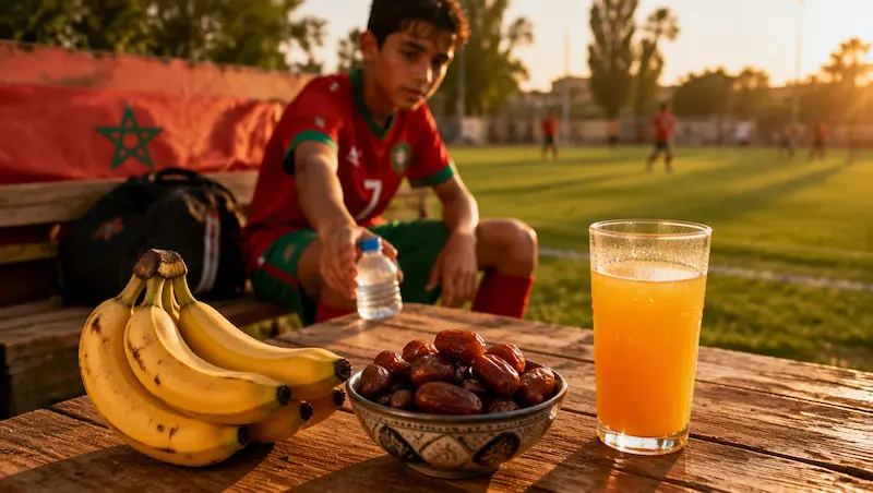 موز وتمر وعصير طبيعي كسناك سريع للطفل بعد مباراة كرة القدم.