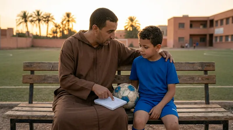أب مغربي يوجه ويقدم الدعم النفسي لابنه لاعب كرة القدم الناشئ.