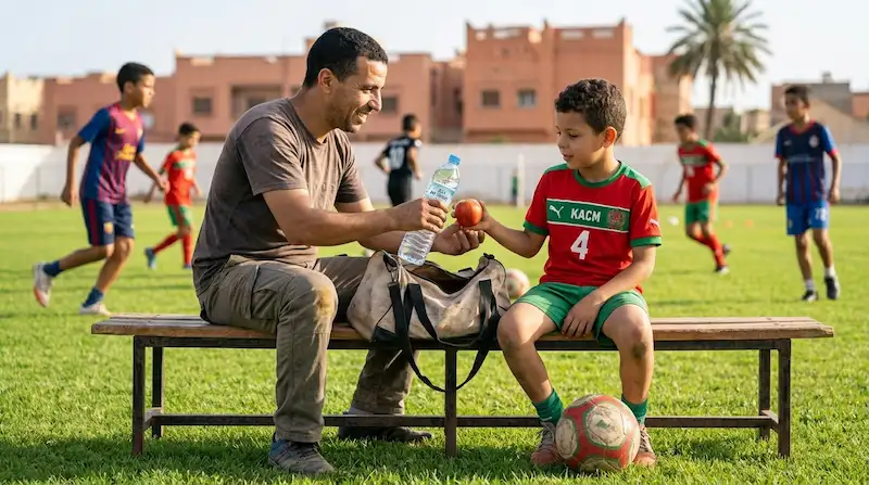 الأب سي عبد الرحيم يقدم الماء والتفاحة لابنه يوسف لاعب كرة القدم في ملعب التدريب بالرباط.