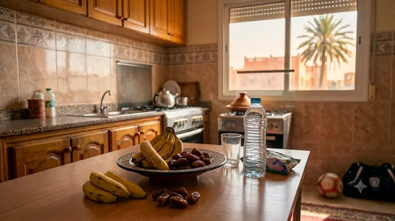 طبق فخاري مغربي به موز وتمر مع قنينة ماء فوق طاولة المطبخ كسناك سريع لطفل رياضي قبل التدريب.