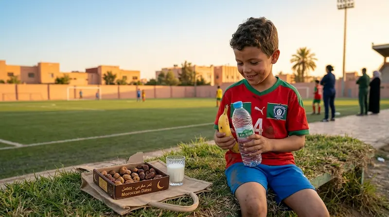 طفل مغربي يأكل الموز والتمر بعد مباراة كرة القدم لتعويض الطاقة فـ ملعب تدريب محلي.